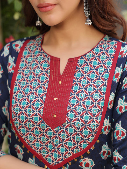 Women Navy Blue Ethnic Printed Straight Kurta with Contrast Print Yoke